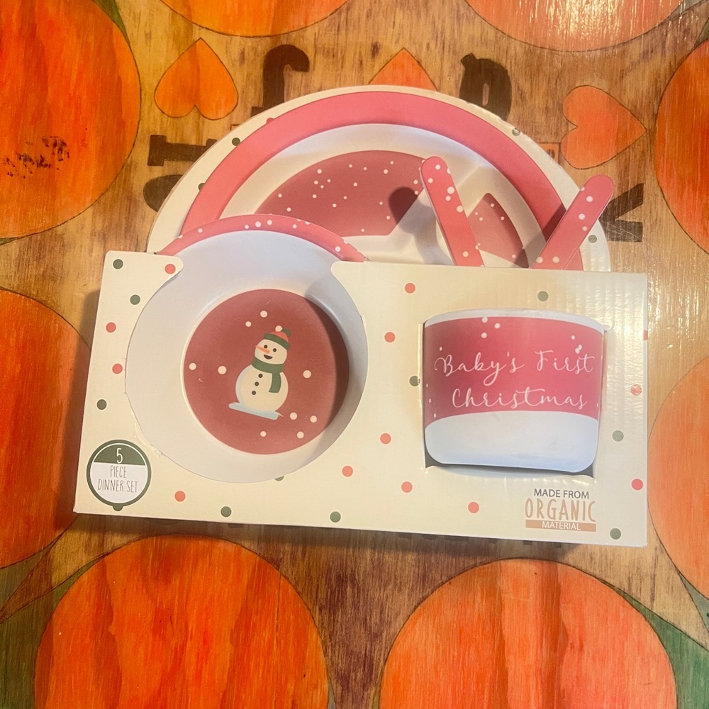 Beriwinkle 5 Piece Kids Baby Dinner Set FirstChristmas Snowman Organic Material.